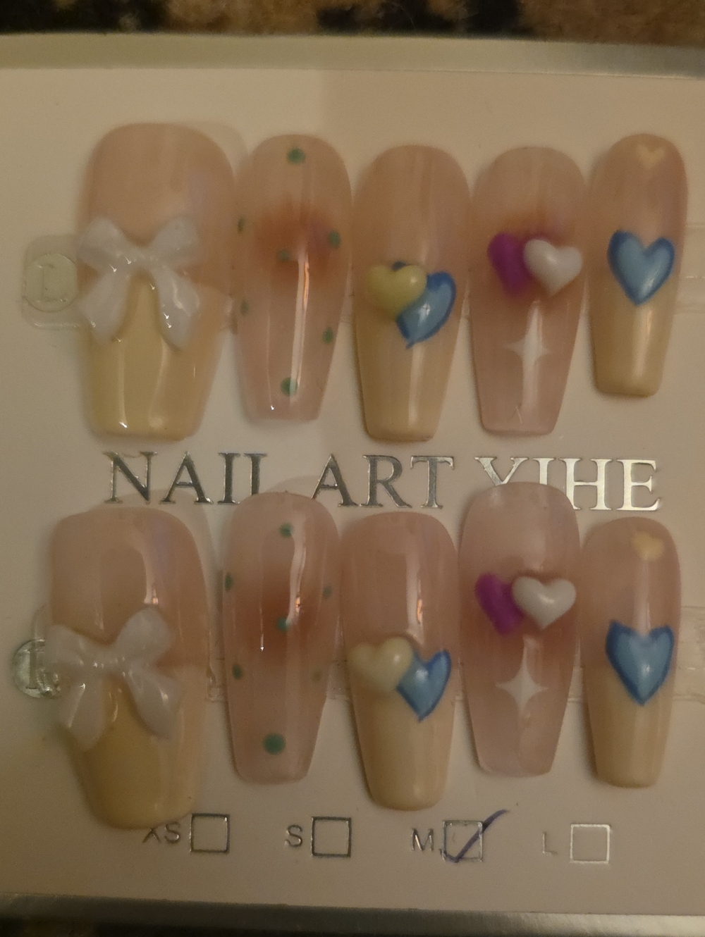 Nude Press-On Nails with 3D Hearts & Bows Size Med